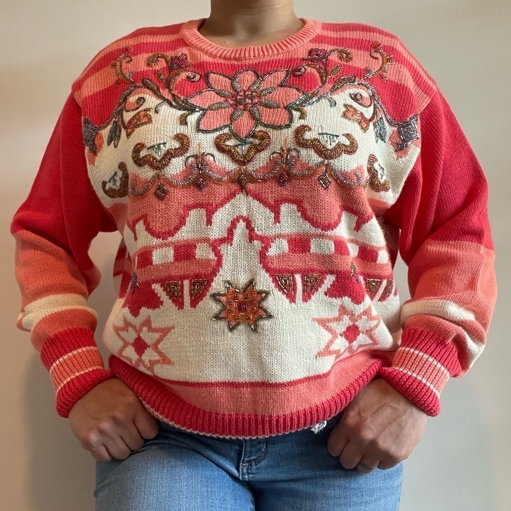 Vintage I.B. Diffusion Granny Beaded Floral Striped Knit Sweater